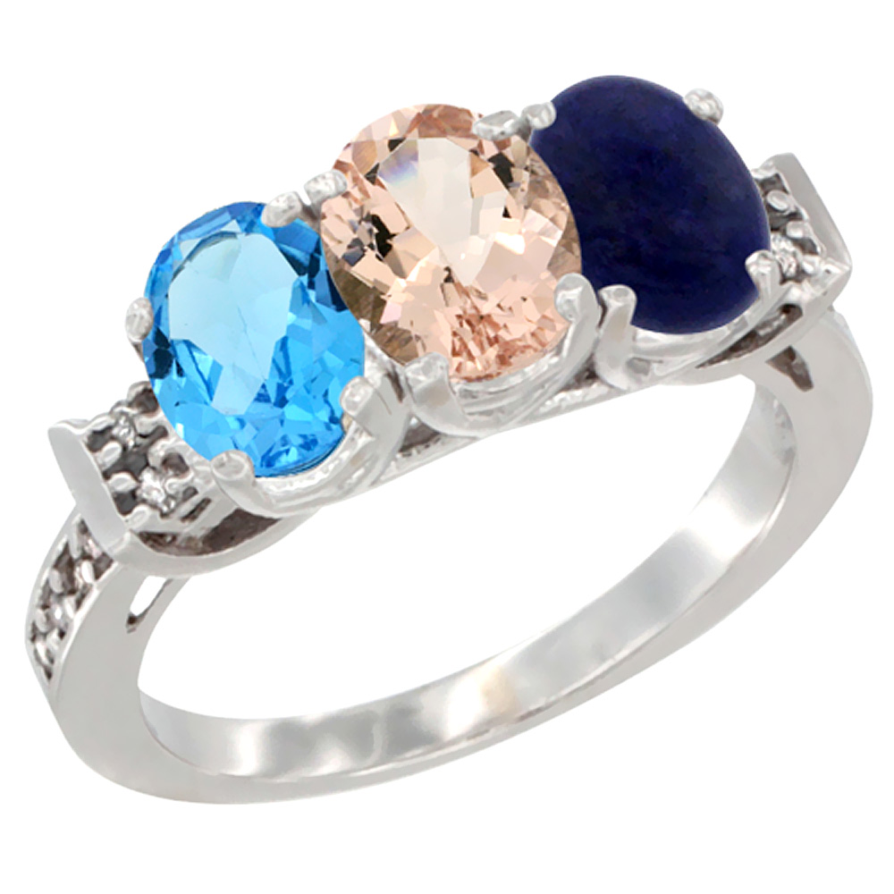 10K White Gold Natural Swiss Blue Topaz, Morganite &amp; Lapis Ring 3-Stone Oval 7x5 mm Diamond Accent, sizes 5 - 10