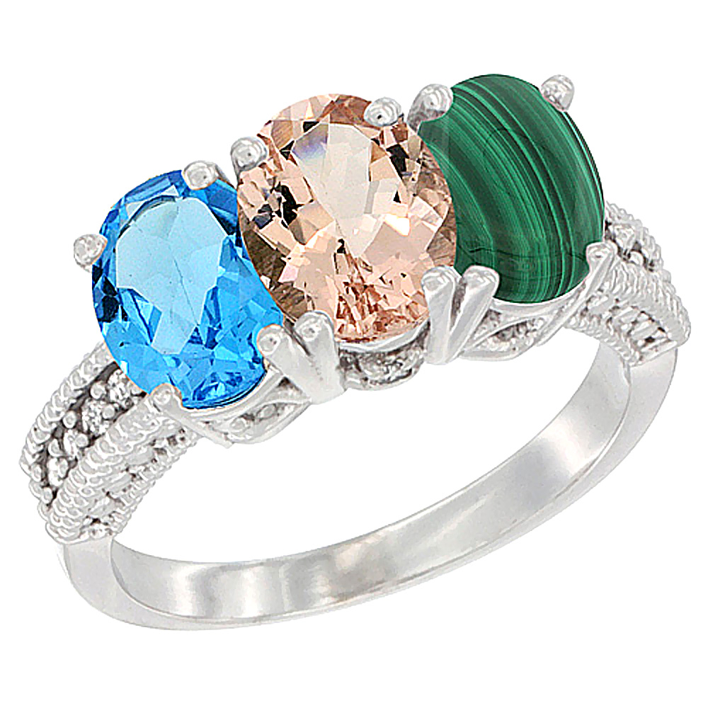 10K White Gold Natural Swiss Blue Topaz, Morganite &amp; Malachite Ring 3-Stone Oval 7x5 mm Diamond Accent, sizes 5 - 10