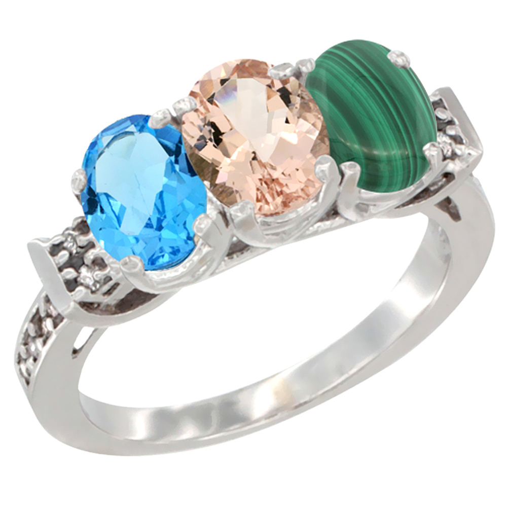 10K White Gold Natural Swiss Blue Topaz, Morganite &amp; Malachite Ring 3-Stone Oval 7x5 mm Diamond Accent, sizes 5 - 10