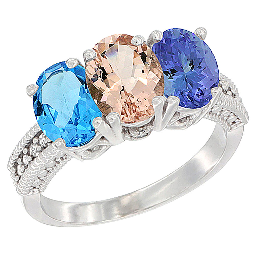 14K White Gold Natural Swiss Blue Topaz, Morganite &amp; Tanzanite Ring 3-Stone 7x5 mm Oval Diamond Accent, sizes 5 - 10