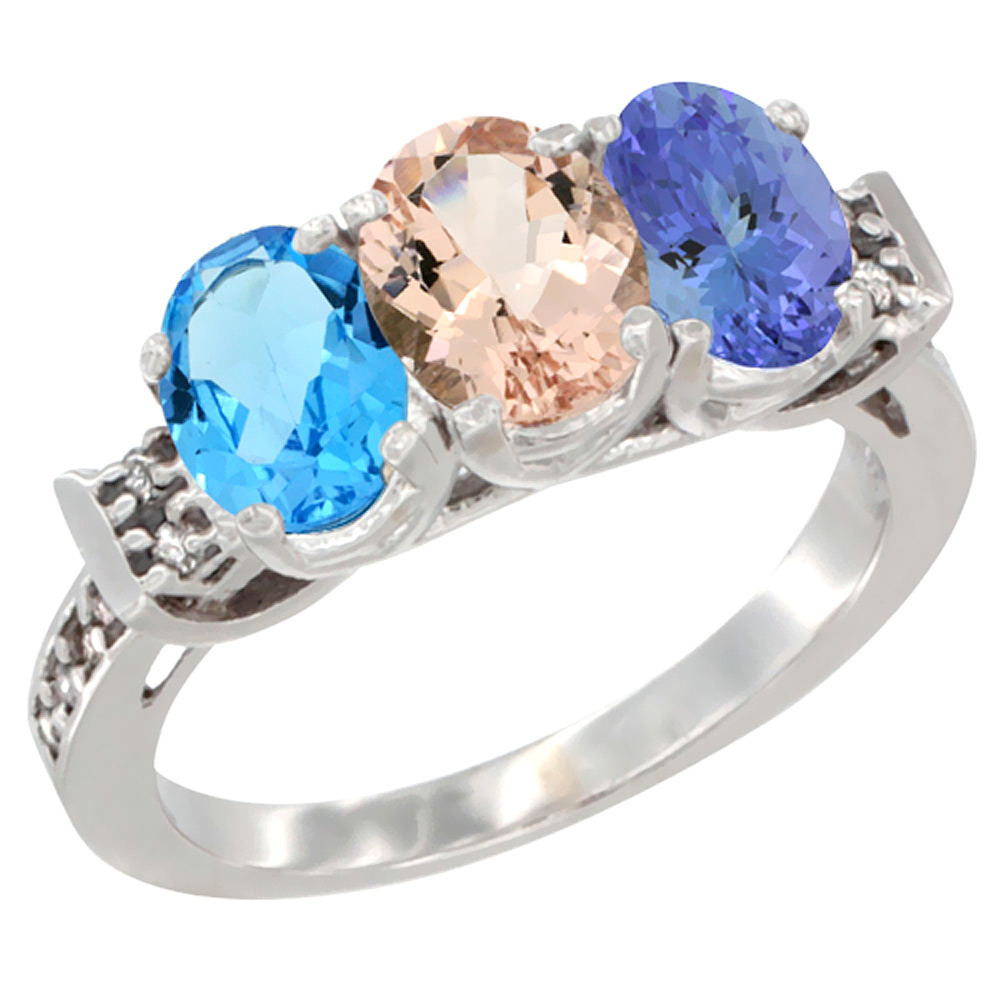 10K White Gold Natural Swiss Blue Topaz, Morganite &amp; Tanzanite Ring 3-Stone Oval 7x5 mm Diamond Accent, sizes 5 - 10