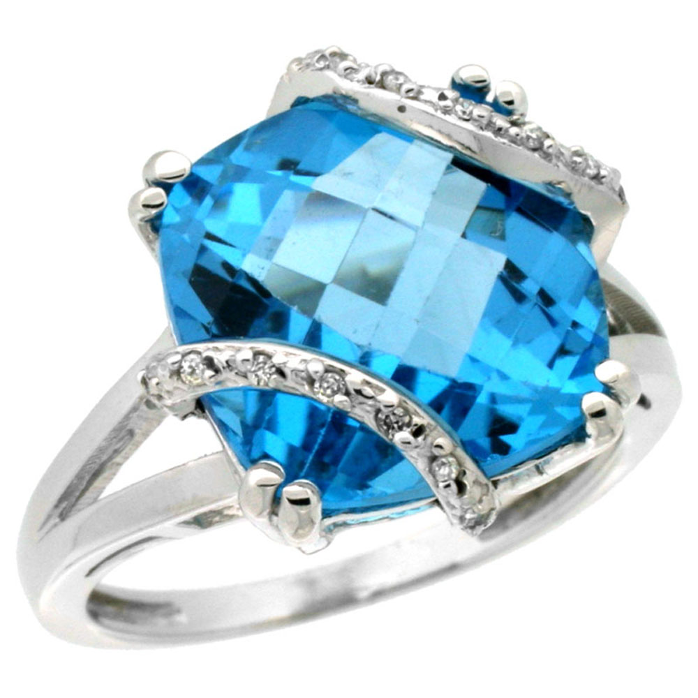 14K White Gold Natural Swiss Blue Topaz Ring Cushion-cut 12x12mm Diamond Accent, sizes 5-10