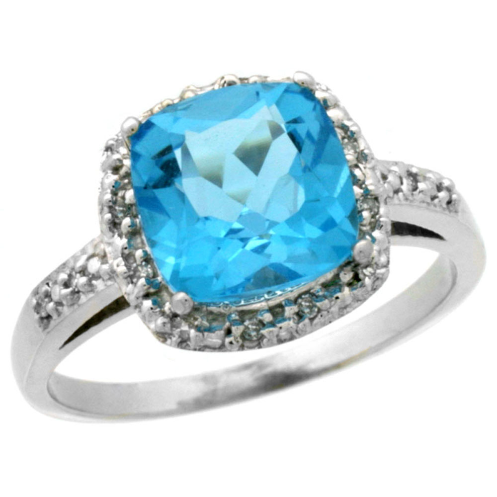 14K White Gold Diamond Natural Swiss Blue Topaz Ring Cushion-cut 8x8 mm, sizes 5-10