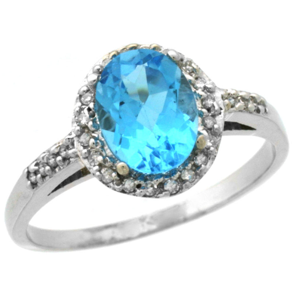 14K White Gold Diamond Natural Swiss Blue Topaz Ring Oval 8x6mm, sizes 5-10