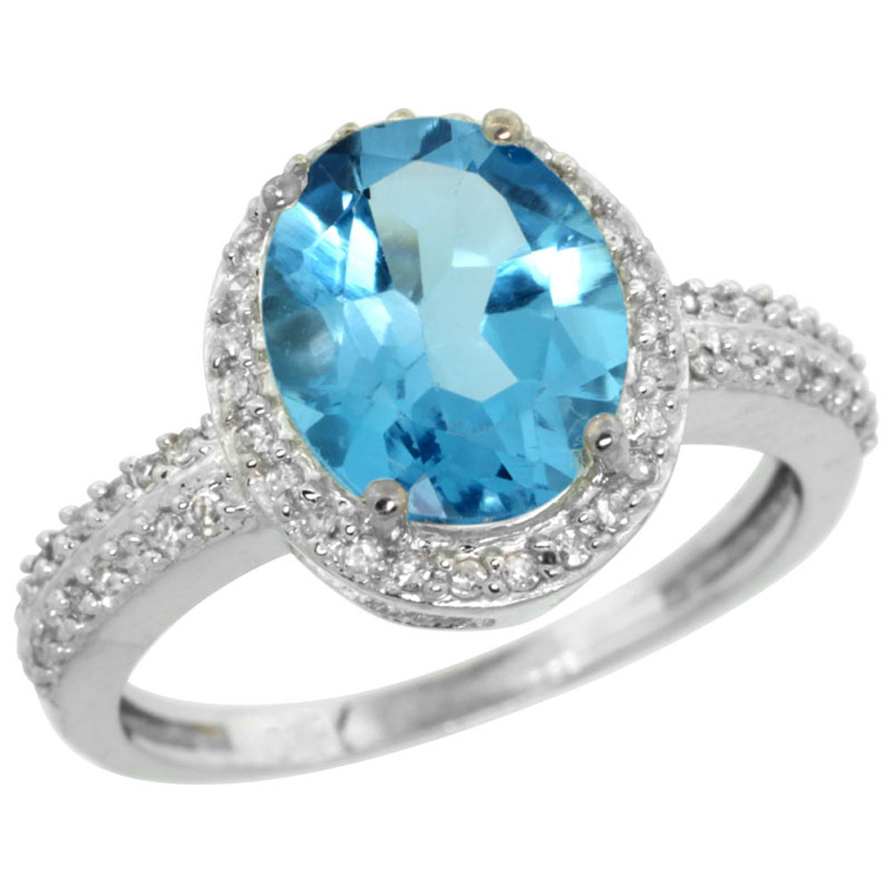 14K White Gold Diamond Natural Swiss Blue Topaz Engagement Ring Oval 10x8mm, sizes 5-10