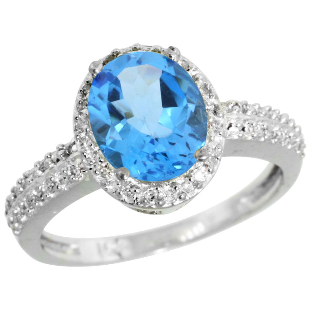 14K White Gold Diamond Natural Swiss Blue Topaz Ring Oval 9x7mm, sizes 5-10