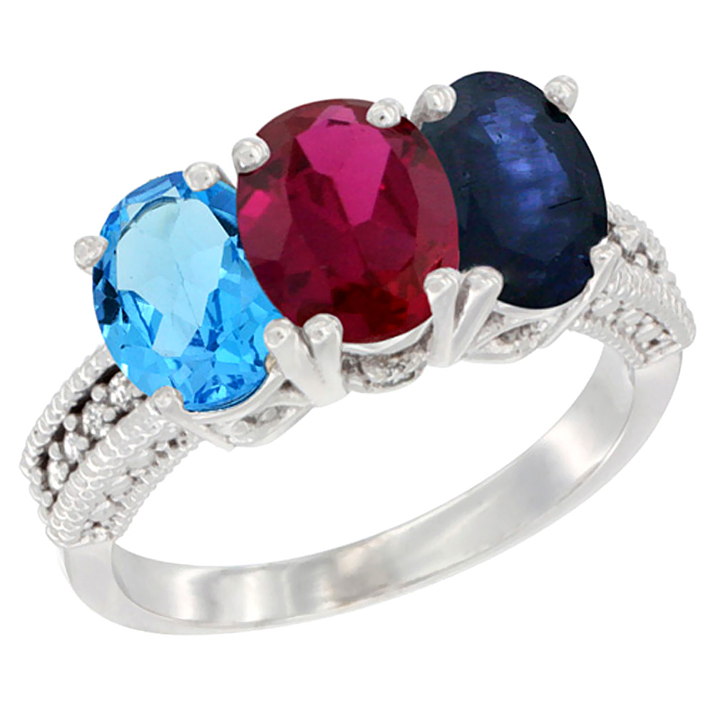 10K White Gold Natural Swiss Blue Topaz, Enhanced Ruby & Natural Blue Sapphire Ring 3-Stone Oval 7x5 mm Diamond Accent, sizes 5 - 10