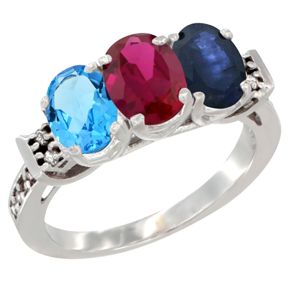 14K White Gold Natural Swiss Blue Topaz, Enhanced Ruby & Natural Blue Sapphire Ring 3-Stone 7x5 mm Oval Diamond Accent, sizes 5 - 10