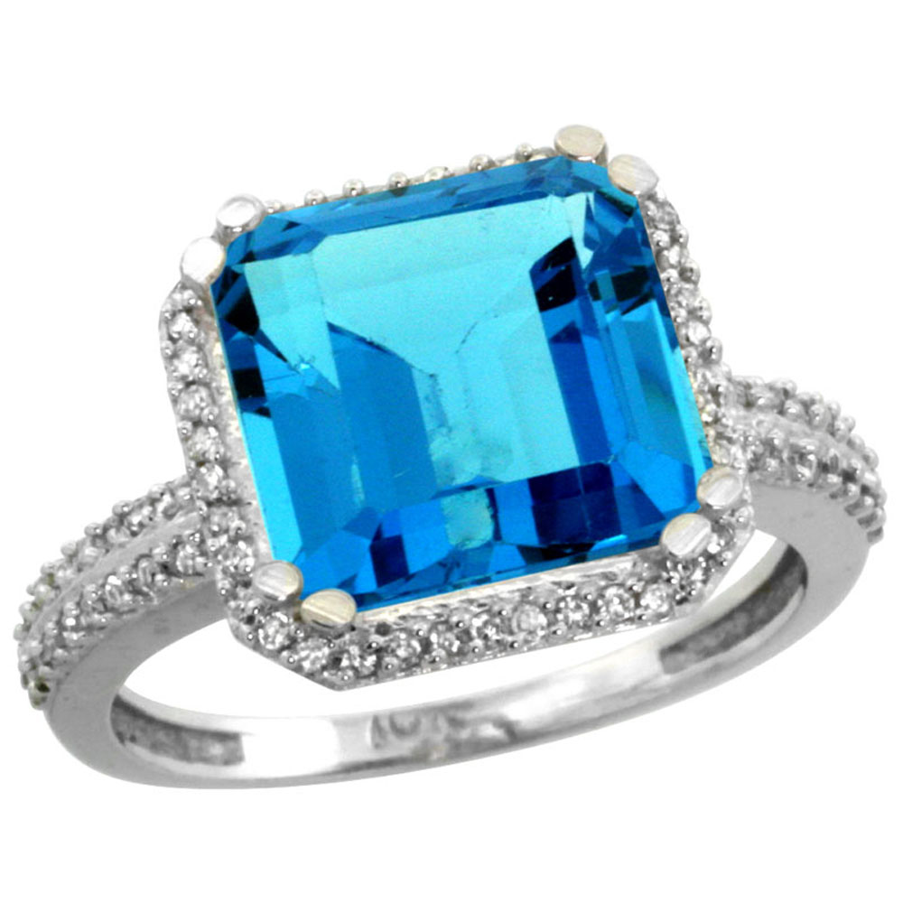 14K White Gold Natural Swiss Blue Topaz Ring Cushion-cut 11x11mm Diamond Halo, sizes 5-10