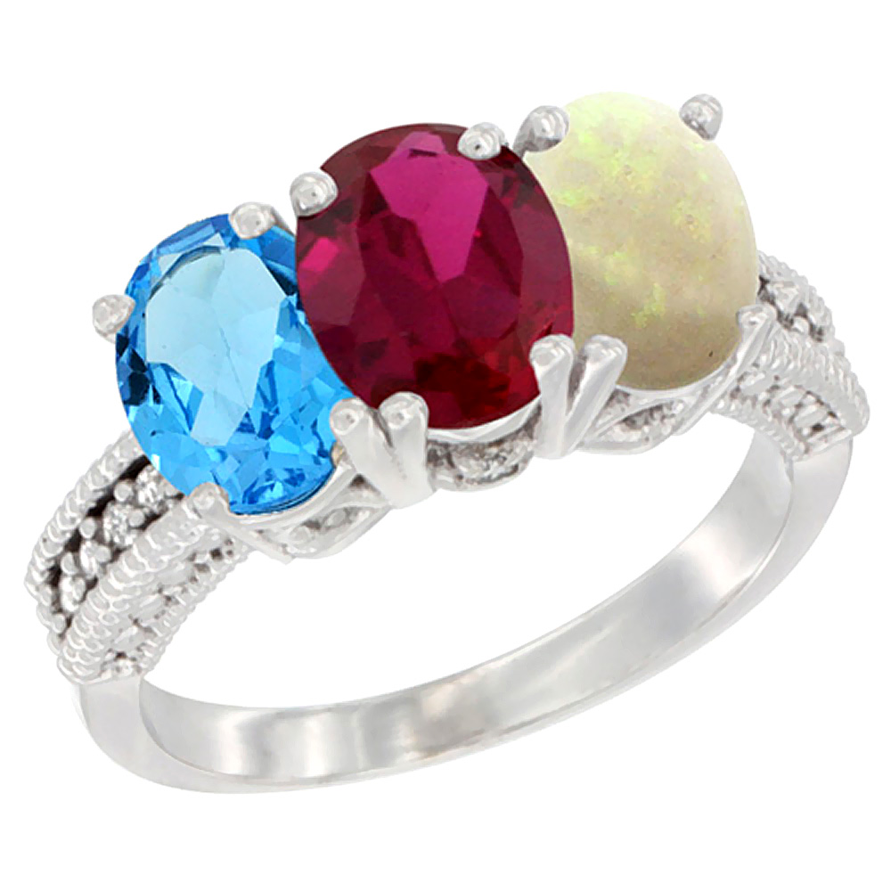 14K White Gold Natural Swiss Blue Topaz, Enhanced Ruby & Natural Opal Ring 3-Stone 7x5 mm Oval Diamond Accent, sizes 5 - 10