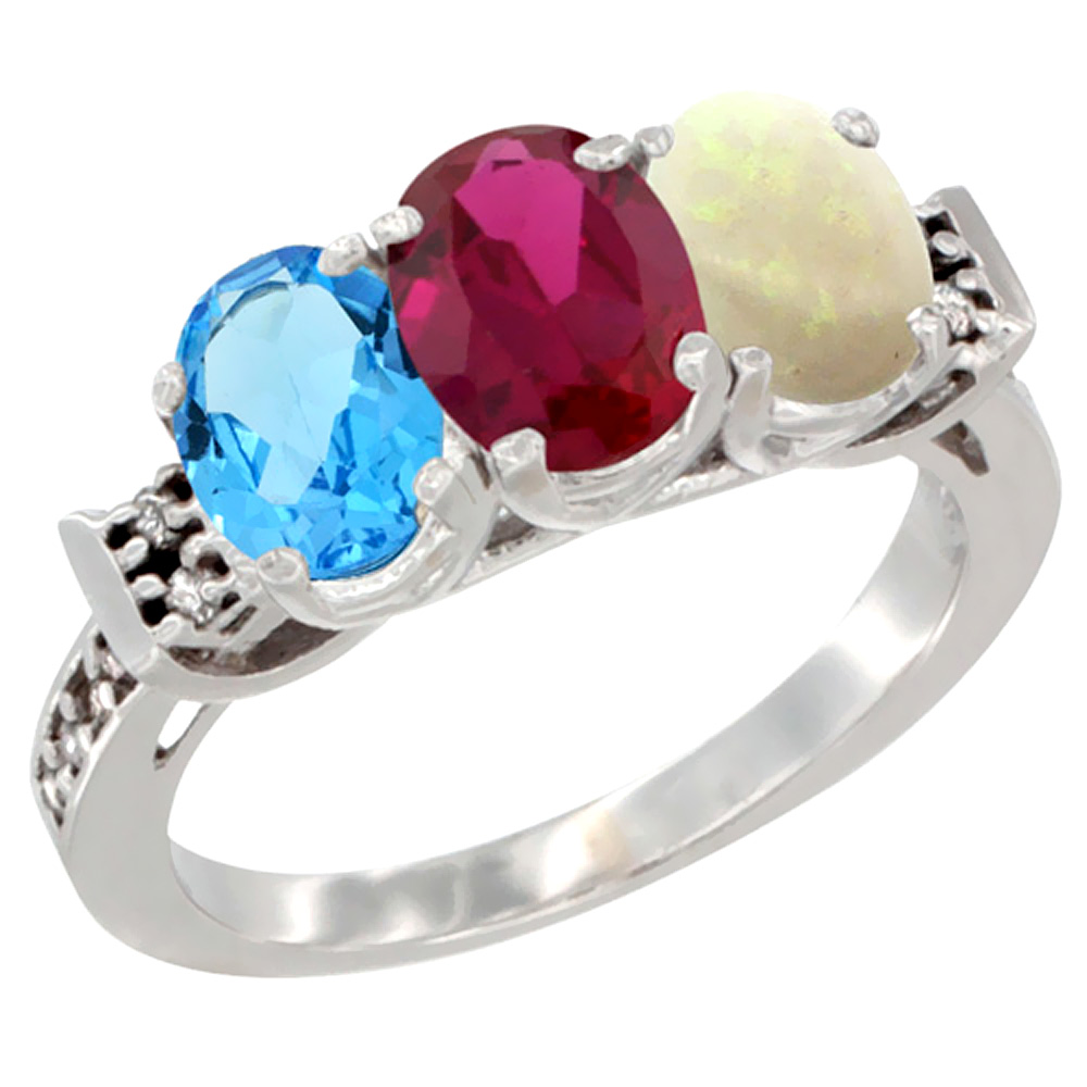 10K White Gold Natural Swiss Blue Topaz, Enhanced Ruby & Natural Opal Ring 3-Stone Oval 7x5 mm Diamond Accent, sizes 5 - 10