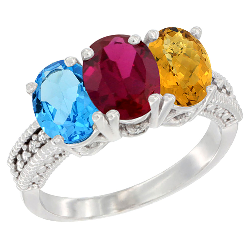 14K White Gold Natural Swiss Blue Topaz, Enhanced Ruby &amp; Natural Whisky Quartz Ring 3-Stone 7x5 mm Oval Diamond Accent, sizes 5 - 10