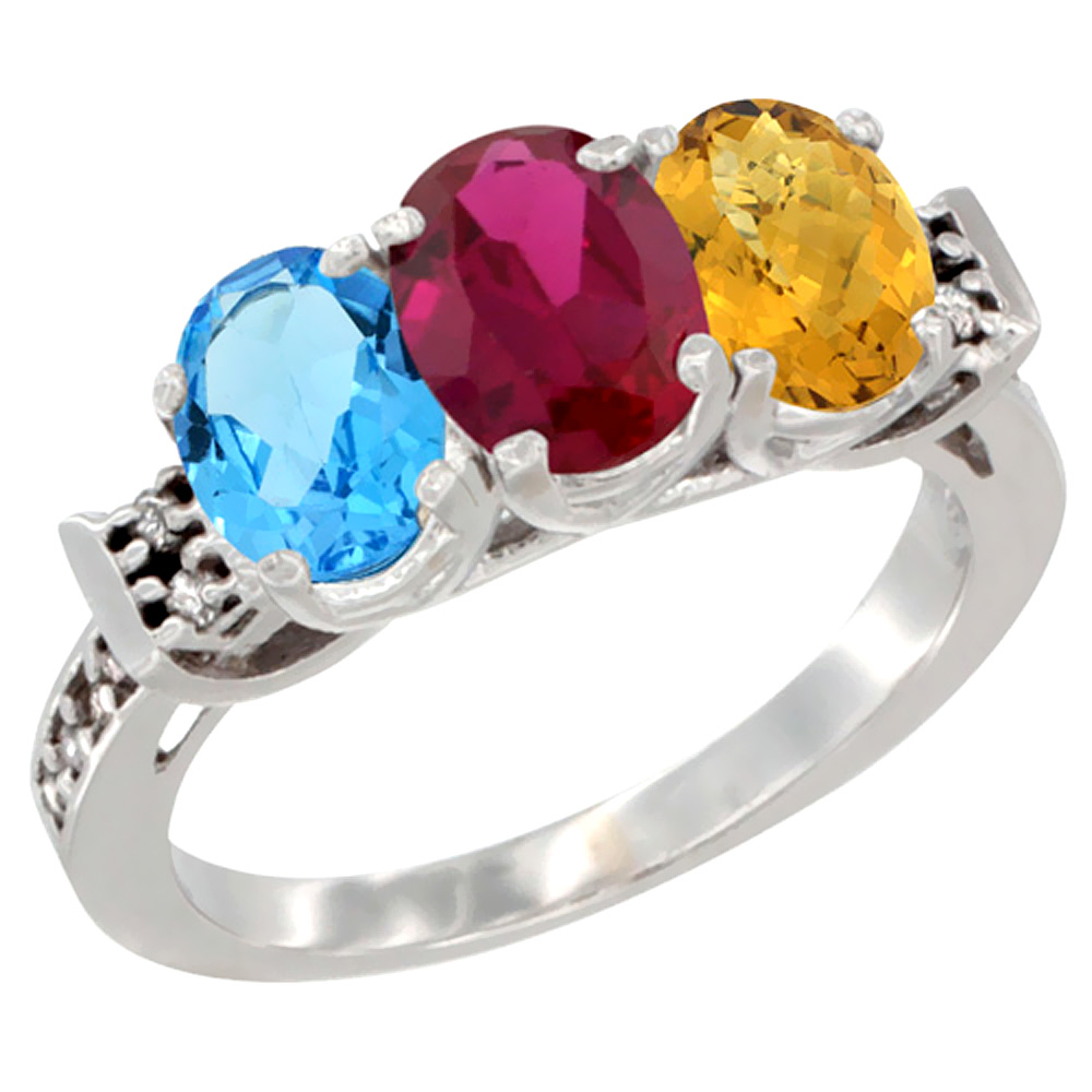 14K White Gold Natural Swiss Blue Topaz, Enhanced Ruby &amp; Natural Whisky Quartz Ring 3-Stone 7x5 mm Oval Diamond Accent, sizes 5 - 10