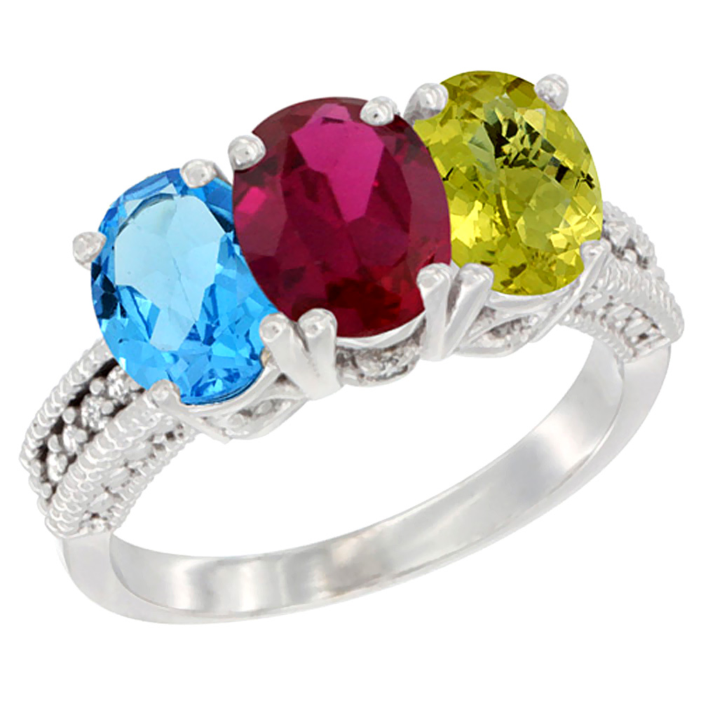 10K White Gold Natural Swiss Blue Topaz, Enhanced Ruby & Natural Lemon Quartz Ring 3-Stone Oval 7x5 mm Diamond Accent, sizes 5 - 10