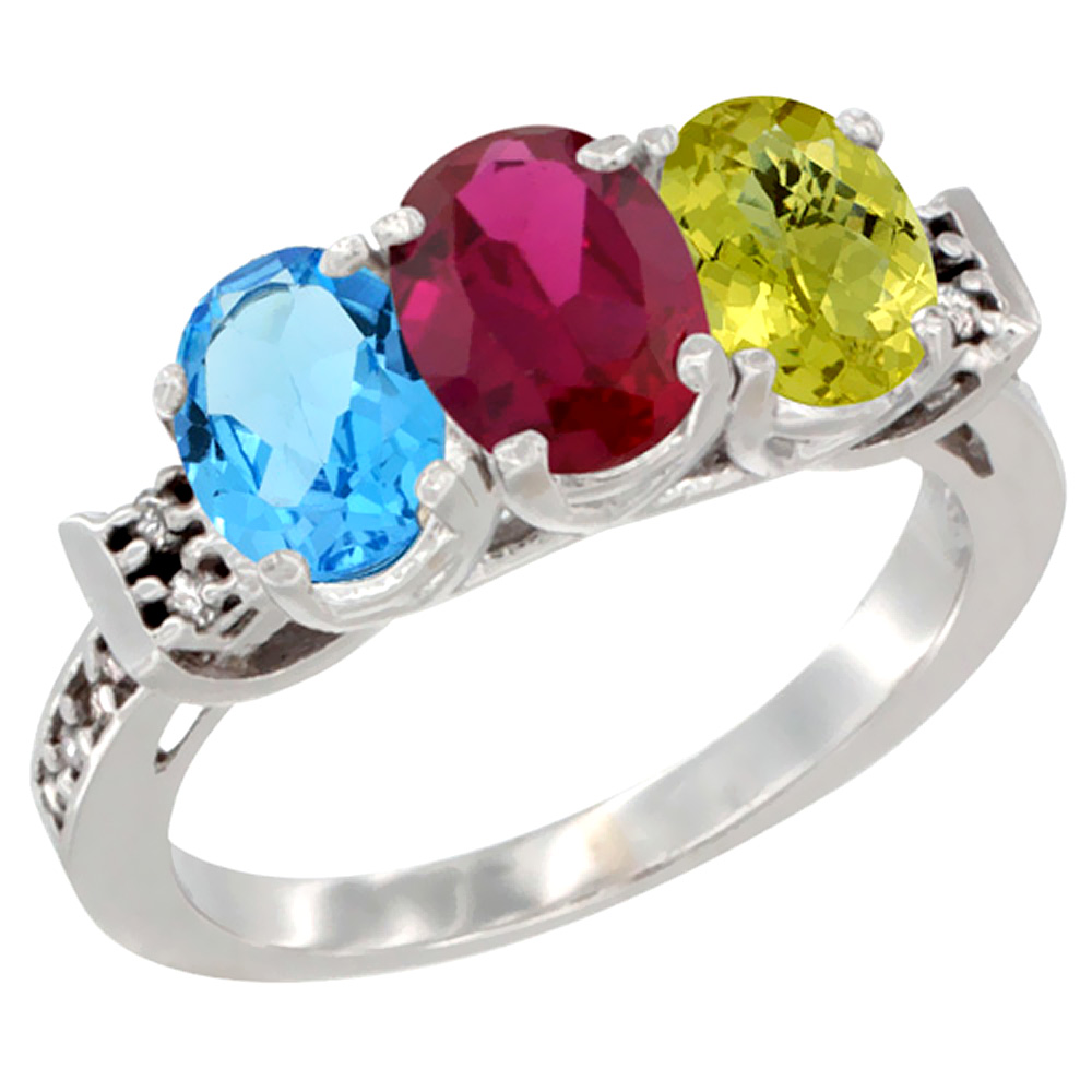 14K White Gold Natural Swiss Blue Topaz, Enhanced Ruby &amp; Natural Lemon Quartz Ring 3-Stone 7x5 mm Oval Diamond Accent, sizes 5 - 10