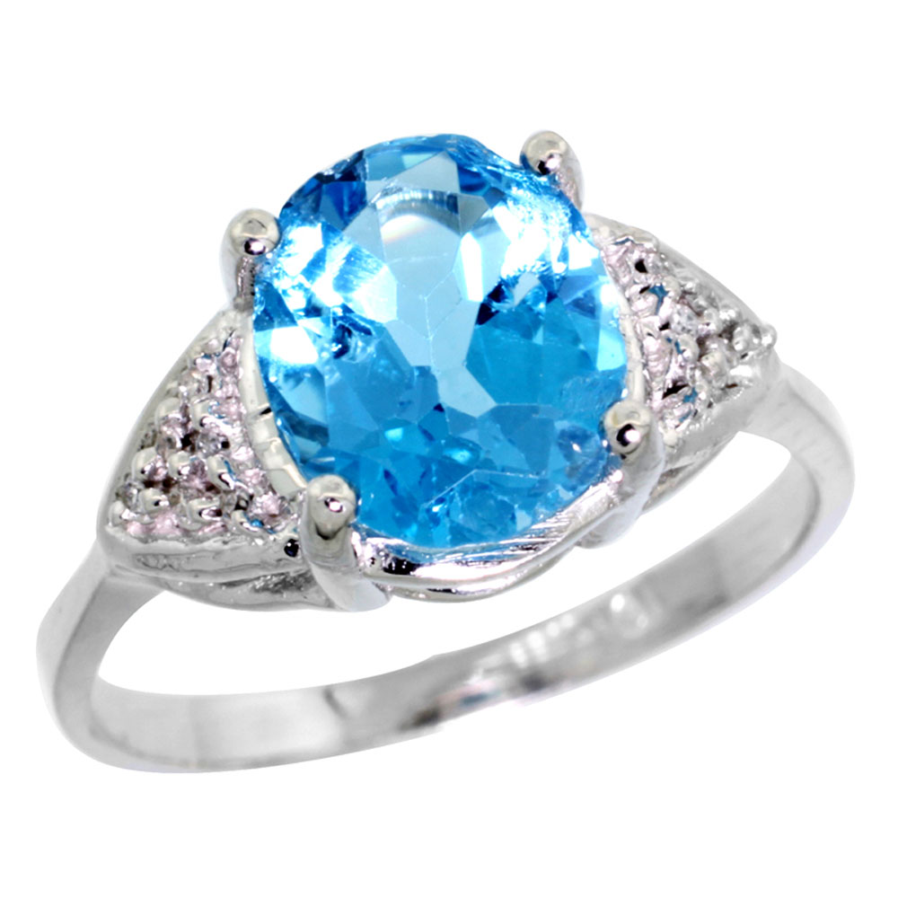 10K White Gold Diamond Genuine Blue Topaz Engagement Ring Oval 10x8mm sizes 5-10