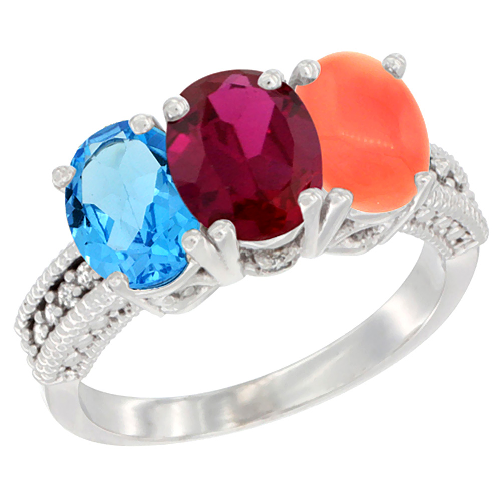 14K White Gold Natural Swiss Blue Topaz, Enhanced Ruby &amp; Natural Coral Ring 3-Stone 7x5 mm Oval Diamond Accent, sizes 5 - 10