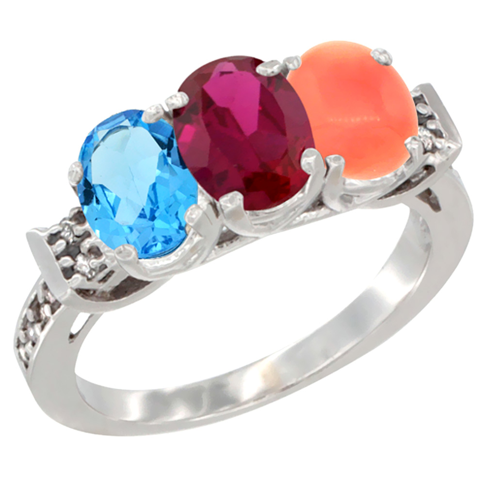 14K White Gold Natural Swiss Blue Topaz, Enhanced Ruby & Natural Coral Ring 3-Stone 7x5 mm Oval Diamond Accent, sizes 5 - 10