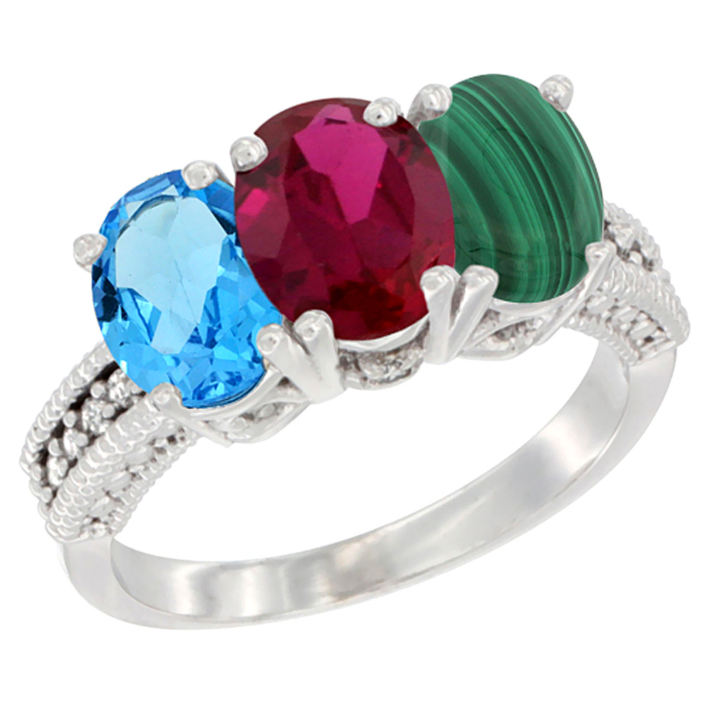 10K White Gold Natural Swiss Blue Topaz, Enhanced Ruby & Natural Malachite Ring 3-Stone Oval 7x5 mm Diamond Accent, sizes 5 - 10