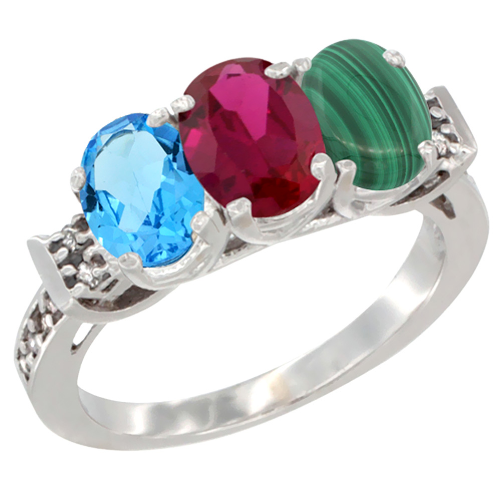 10K White Gold Natural Swiss Blue Topaz, Enhanced Ruby & Natural Malachite Ring 3-Stone Oval 7x5 mm Diamond Accent, sizes 5 - 10