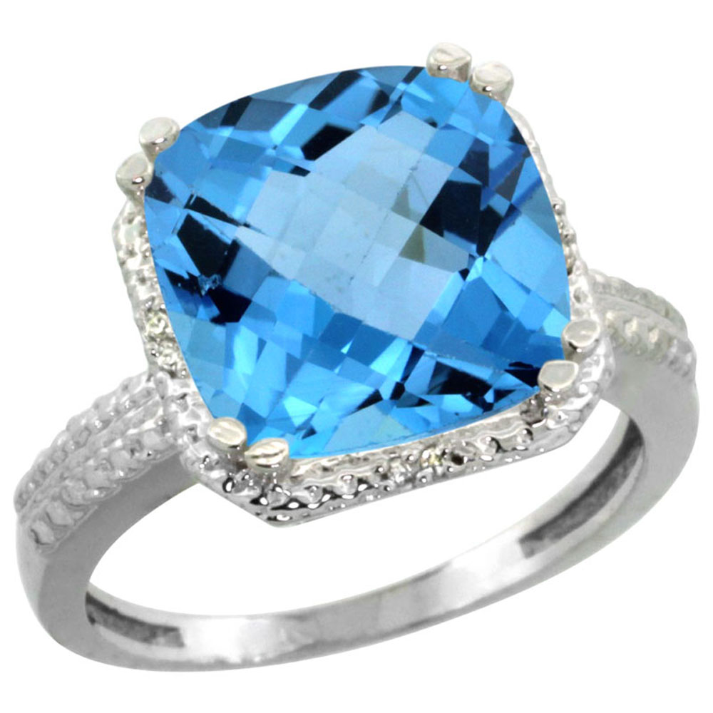 14K White Gold Diamond Natural Swiss Blue Topaz Ring Cushion-cut 11x11mm, sizes 5-10