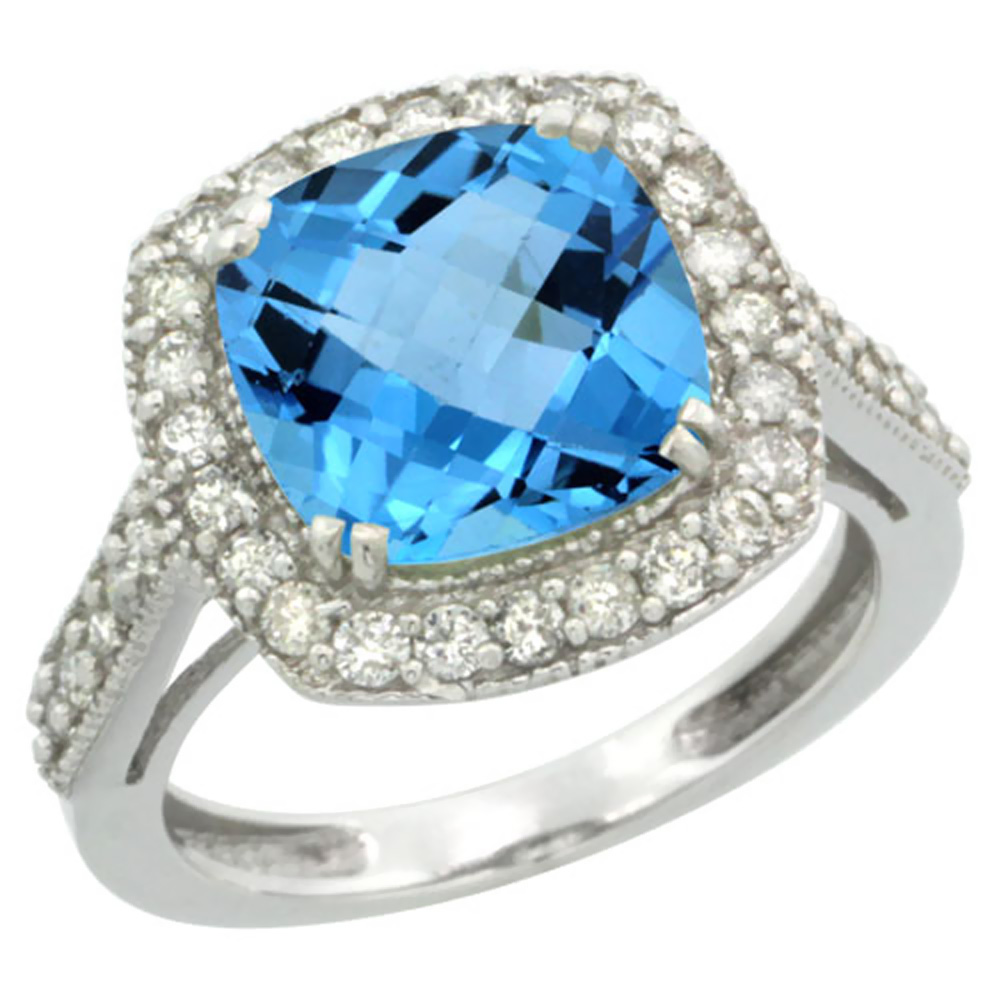 14K White Gold Natural Swiss Blue Topaz Ring Cushion-cut 9x9mm Diamond Halo, sizes 5-10