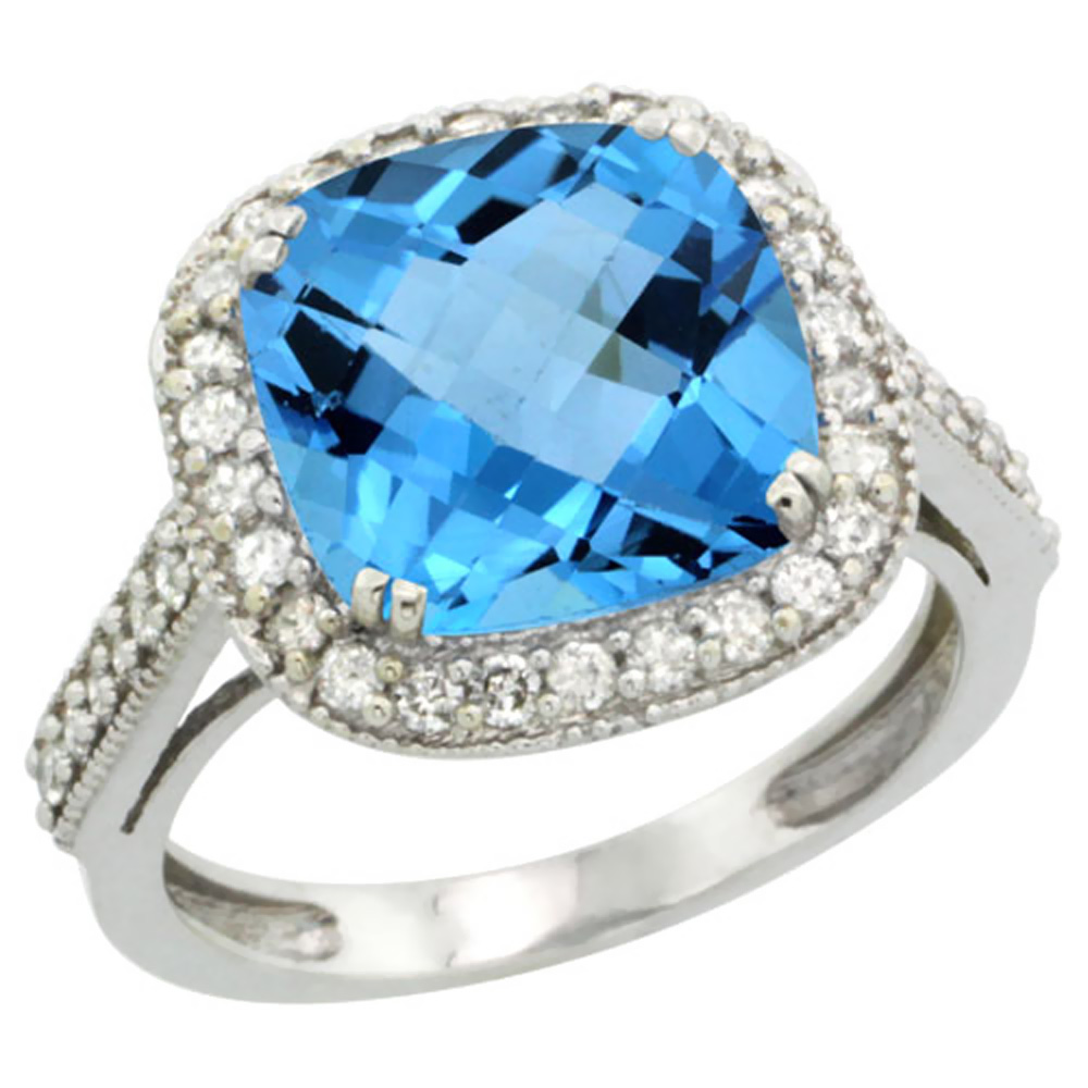 14K White Gold Natural Swiss Blue Topaz Ring Cushion-cut 10x10mm Diamond Halo, sizes 5-10