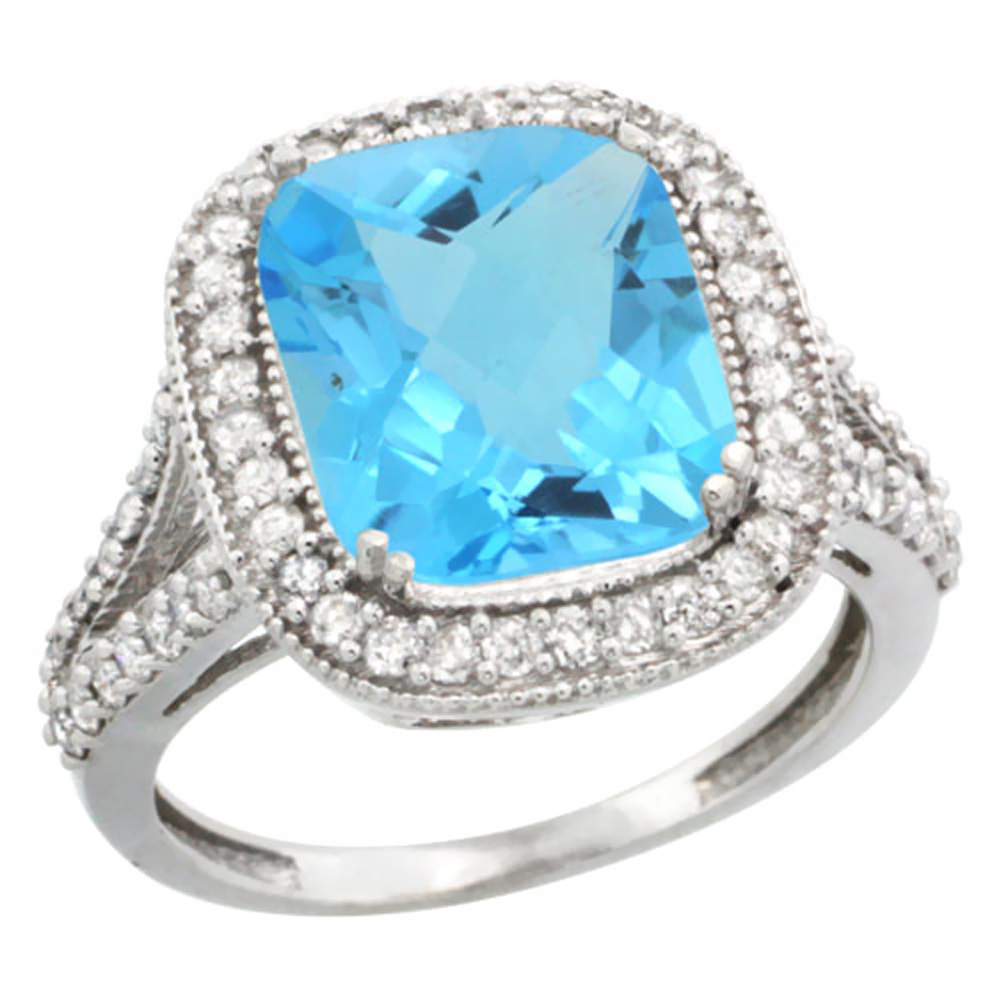 14K White Gold Natural Swiss Blue Topaz Ring Cushion-cut 12x10mm Diamond Halo, sizes 5-10