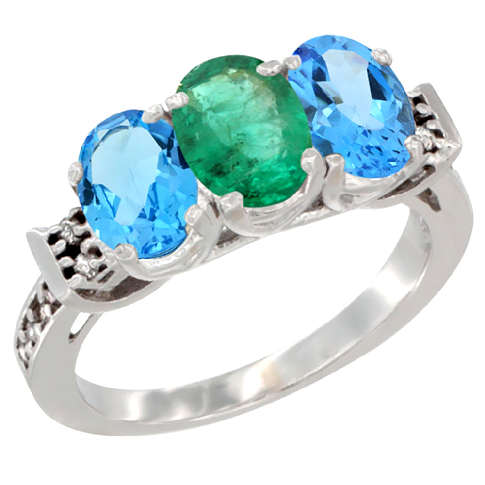 10K White Gold Natural Emerald & Swiss Blue Topaz Sides Ring 3-Stone Oval 7x5 mm Diamond Accent, sizes 5 - 10