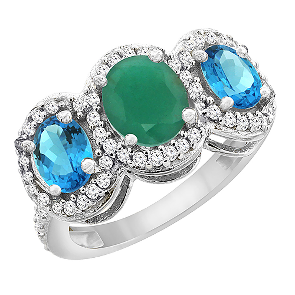 14K White Gold Natural Cabochon Emerald &amp; Swiss Blue Topaz 3-Stone Ring Oval Diamond Accent, sizes 5 - 10