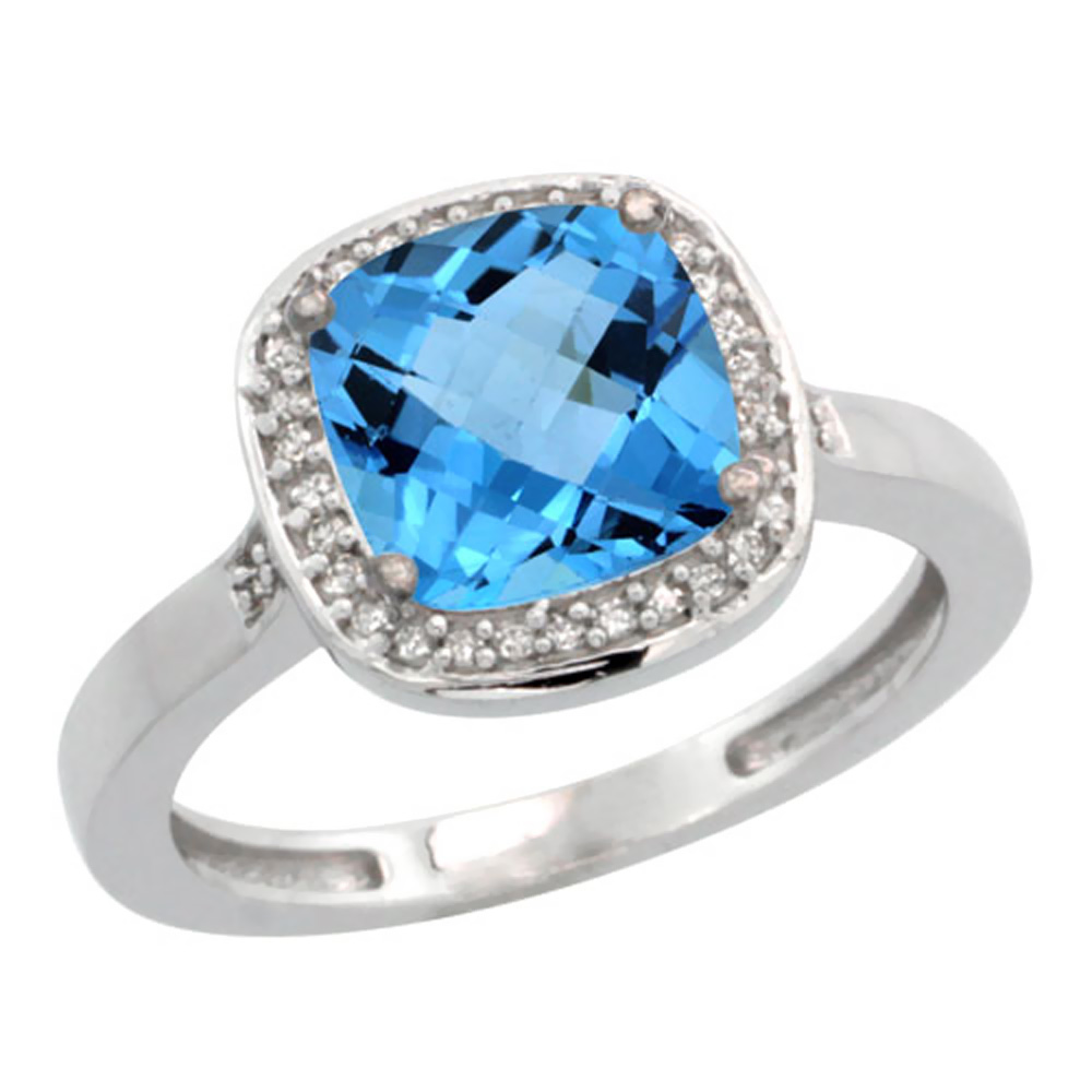 14K White Gold Diamond Natural Swiss Blue Topaz Ring Cushion-cut 8x8mm, sizes 5-10