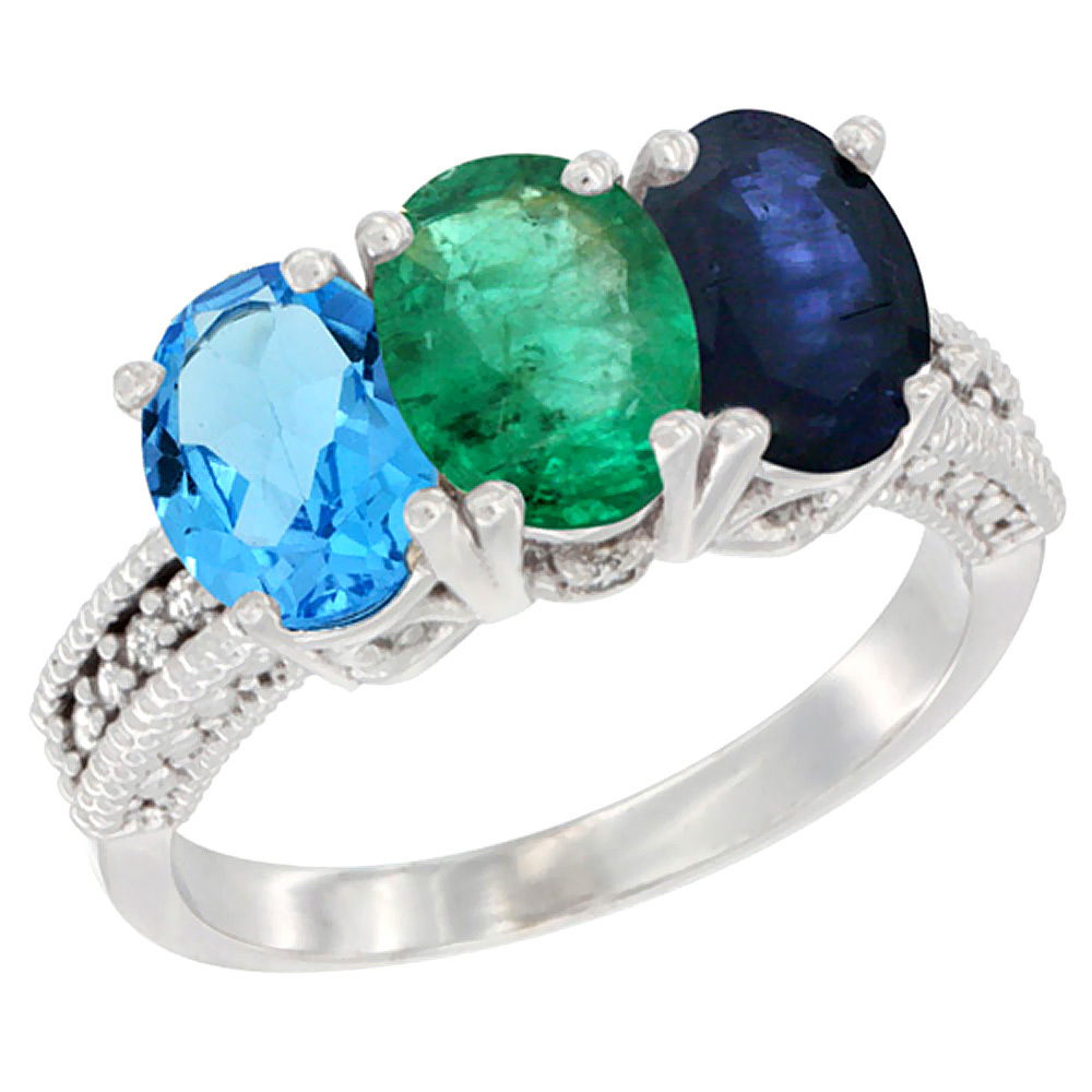 14K White Gold Natural Swiss Blue Topaz, Emerald & Blue Sapphire Ring 3-Stone 7x5 mm Oval Diamond Accent, sizes 5 - 10