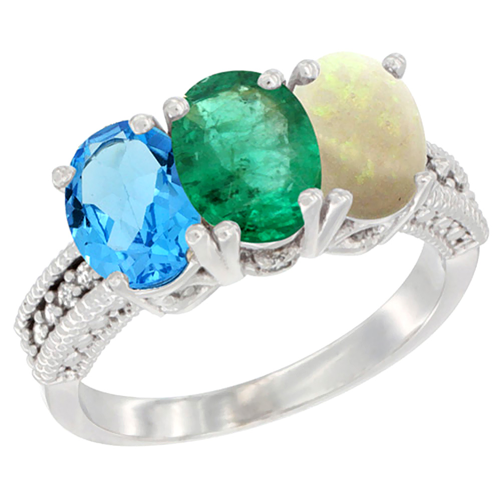 14K White Gold Natural Swiss Blue Topaz, Emerald & Opal Ring 3-Stone 7x5 mm Oval Diamond Accent, sizes 5 - 10