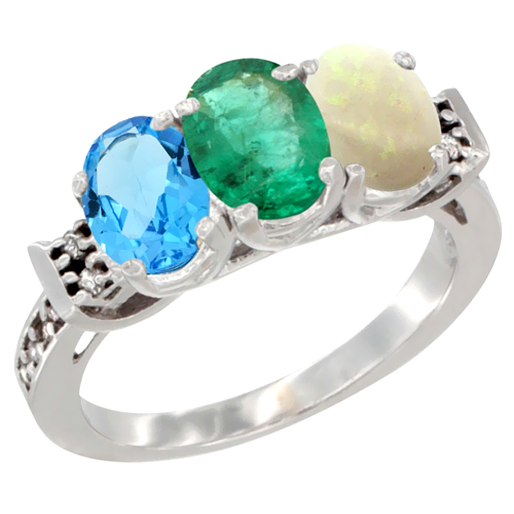 10K White Gold Natural Swiss Blue Topaz, Emerald & Opal Ring 3-Stone Oval 7x5 mm Diamond Accent, sizes 5 - 10