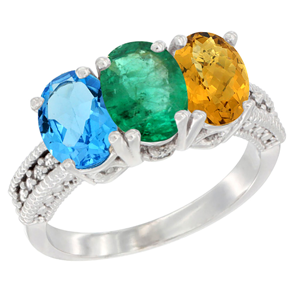 10K White Gold Natural Swiss Blue Topaz, Emerald & Whisky Quartz Ring 3-Stone Oval 7x5 mm Diamond Accent, sizes 5 - 10