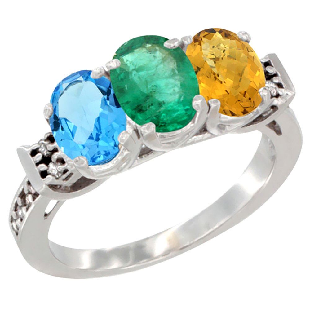 10K White Gold Natural Swiss Blue Topaz, Emerald & Whisky Quartz Ring 3-Stone Oval 7x5 mm Diamond Accent, sizes 5 - 10