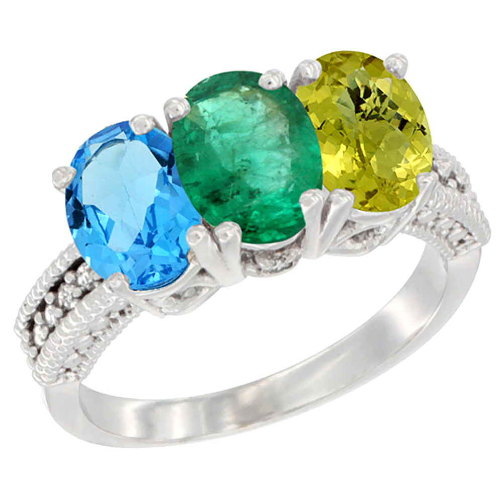 10K White Gold Natural Swiss Blue Topaz, Emerald & Lemon Quartz Ring 3-Stone Oval 7x5 mm Diamond Accent, sizes 5 - 10