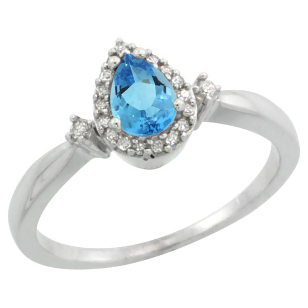 14K White Gold Diamond Natural Swiss Blue Topaz Ring Pear 6x4mm, sizes 5-10