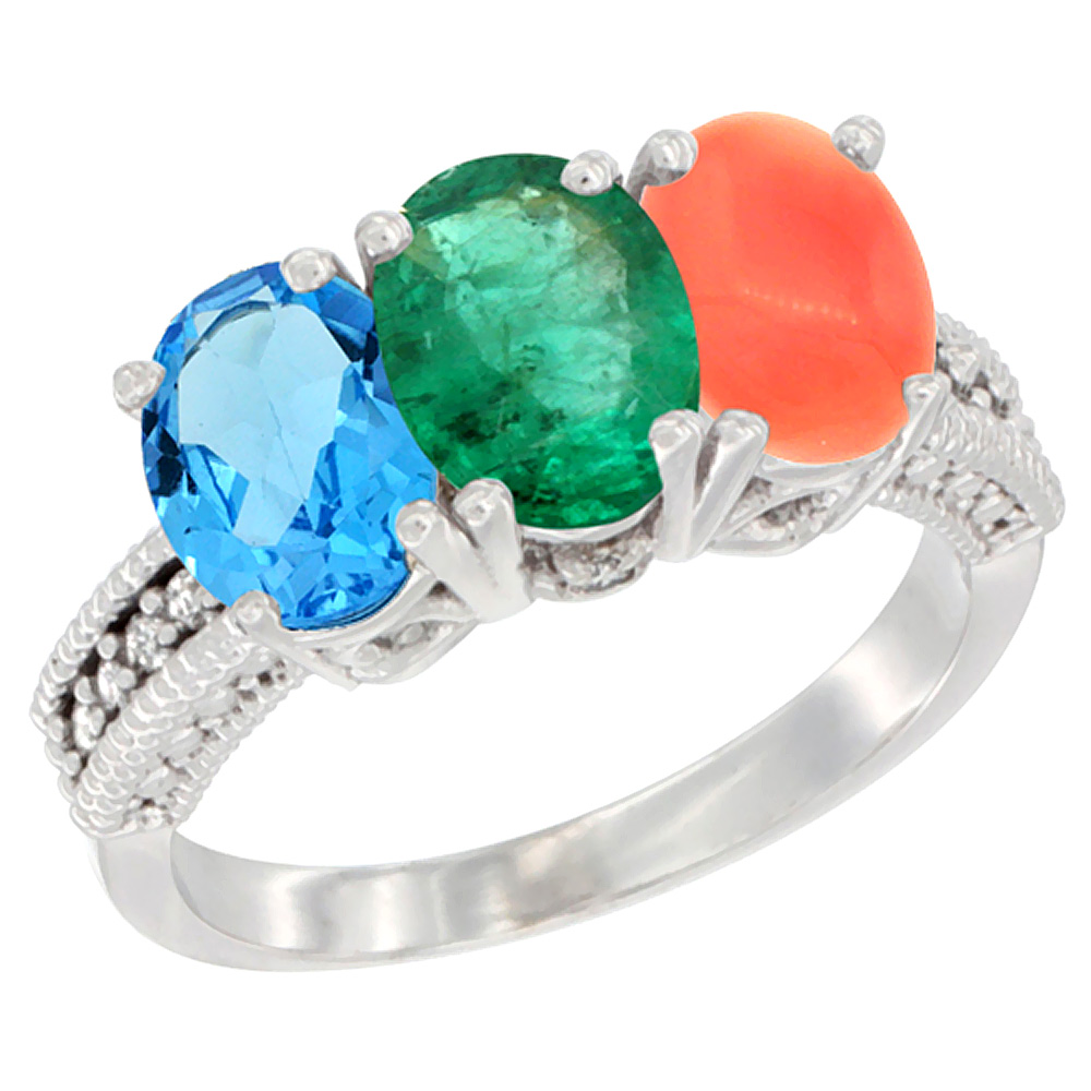 10K White Gold Natural Swiss Blue Topaz, Emerald & Coral Ring 3-Stone Oval 7x5 mm Diamond Accent, sizes 5 - 10