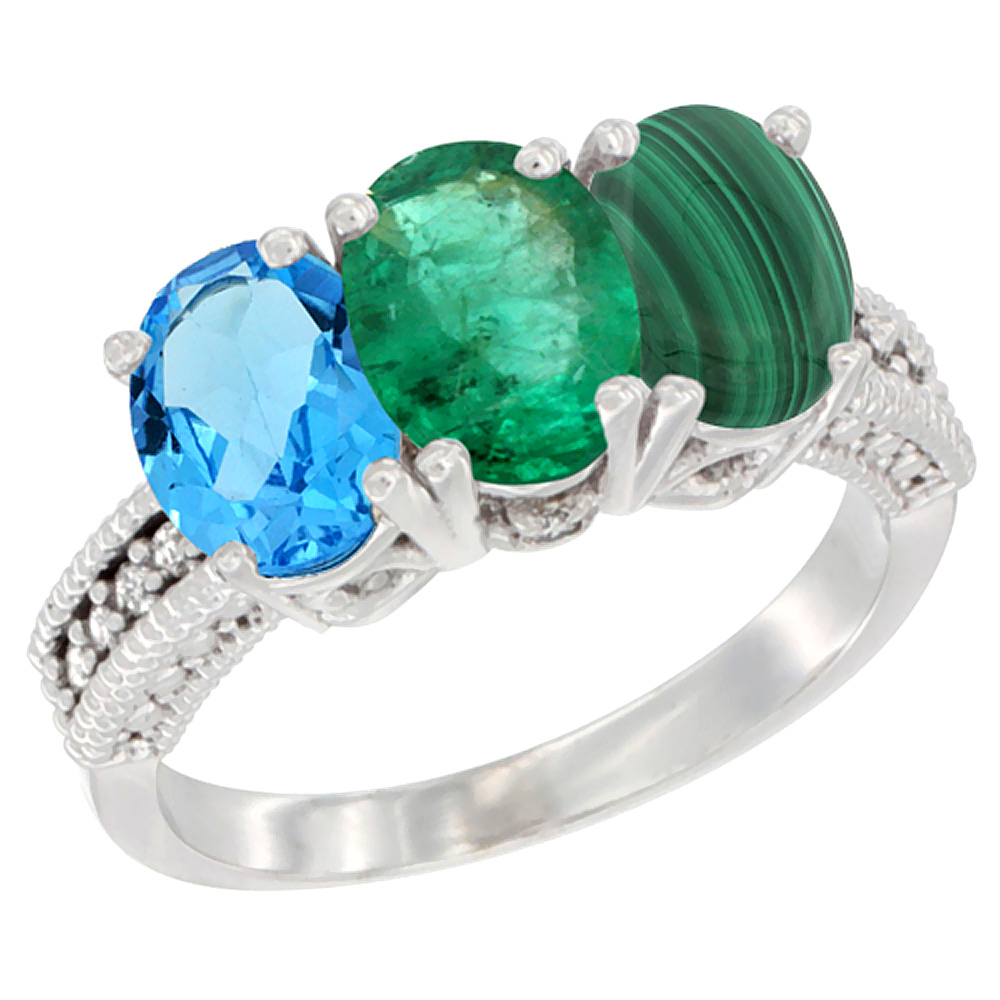 10K White Gold Natural Swiss Blue Topaz, Emerald &amp; Malachite Ring 3-Stone Oval 7x5 mm Diamond Accent, sizes 5 - 10