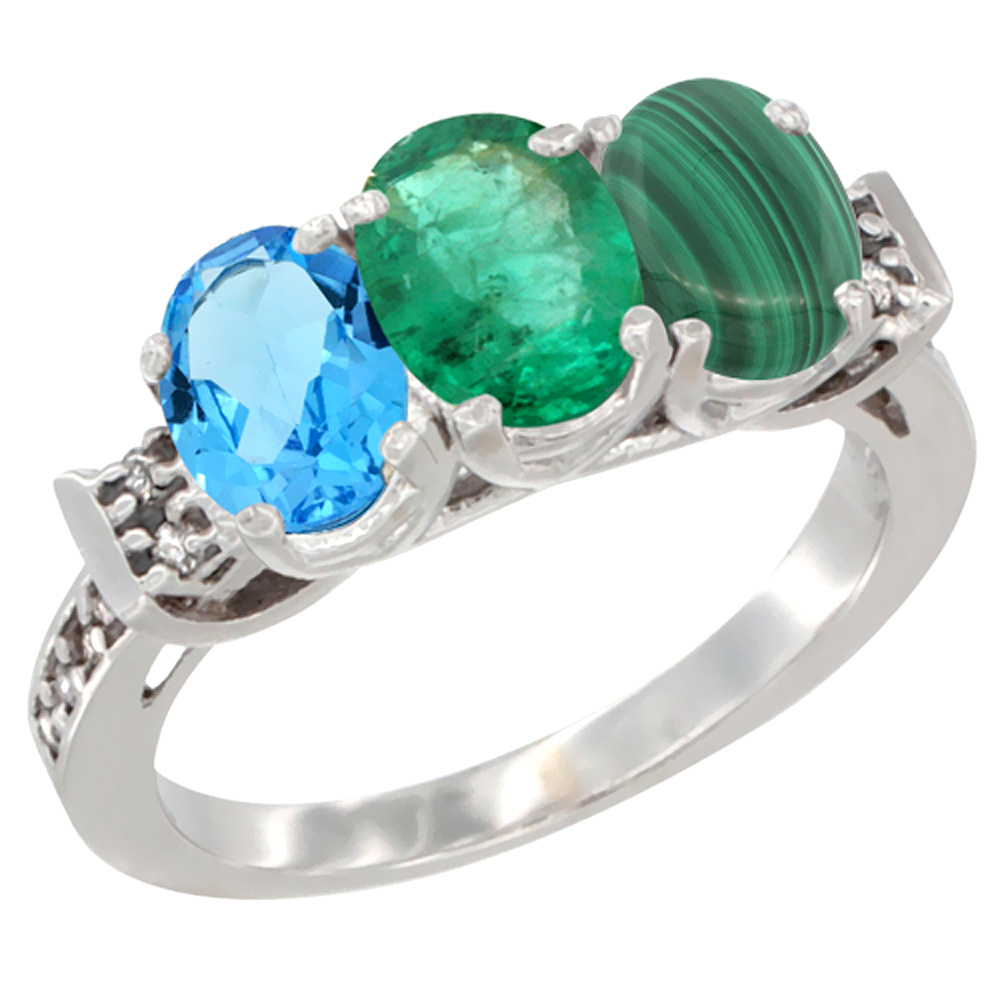 10K White Gold Natural Swiss Blue Topaz, Emerald & Malachite Ring 3-Stone Oval 7x5 mm Diamond Accent, sizes 5 - 10