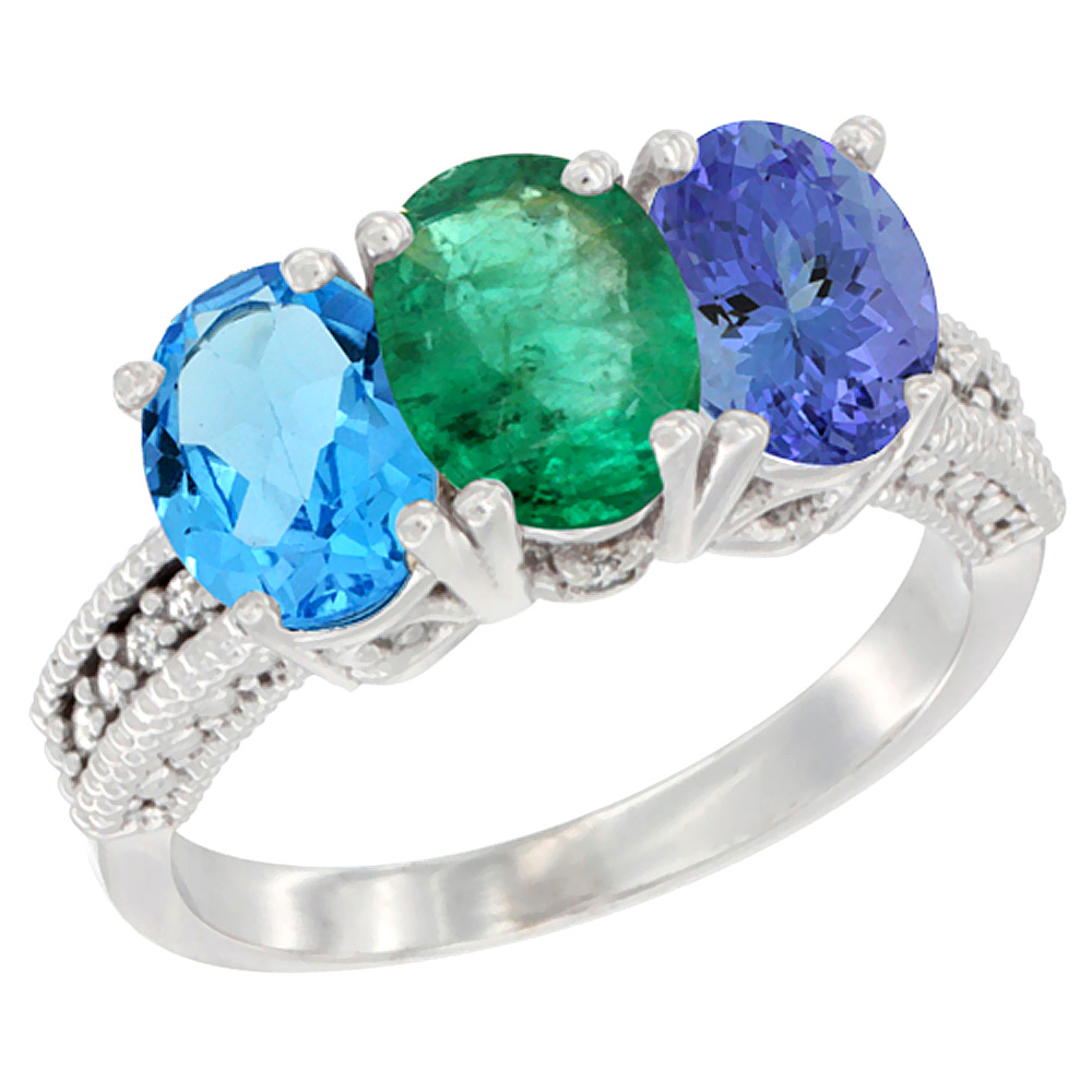 10K White Gold Natural Swiss Blue Topaz, Emerald & Tanzanite Ring 3-Stone Oval 7x5 mm Diamond Accent, sizes 5 - 10