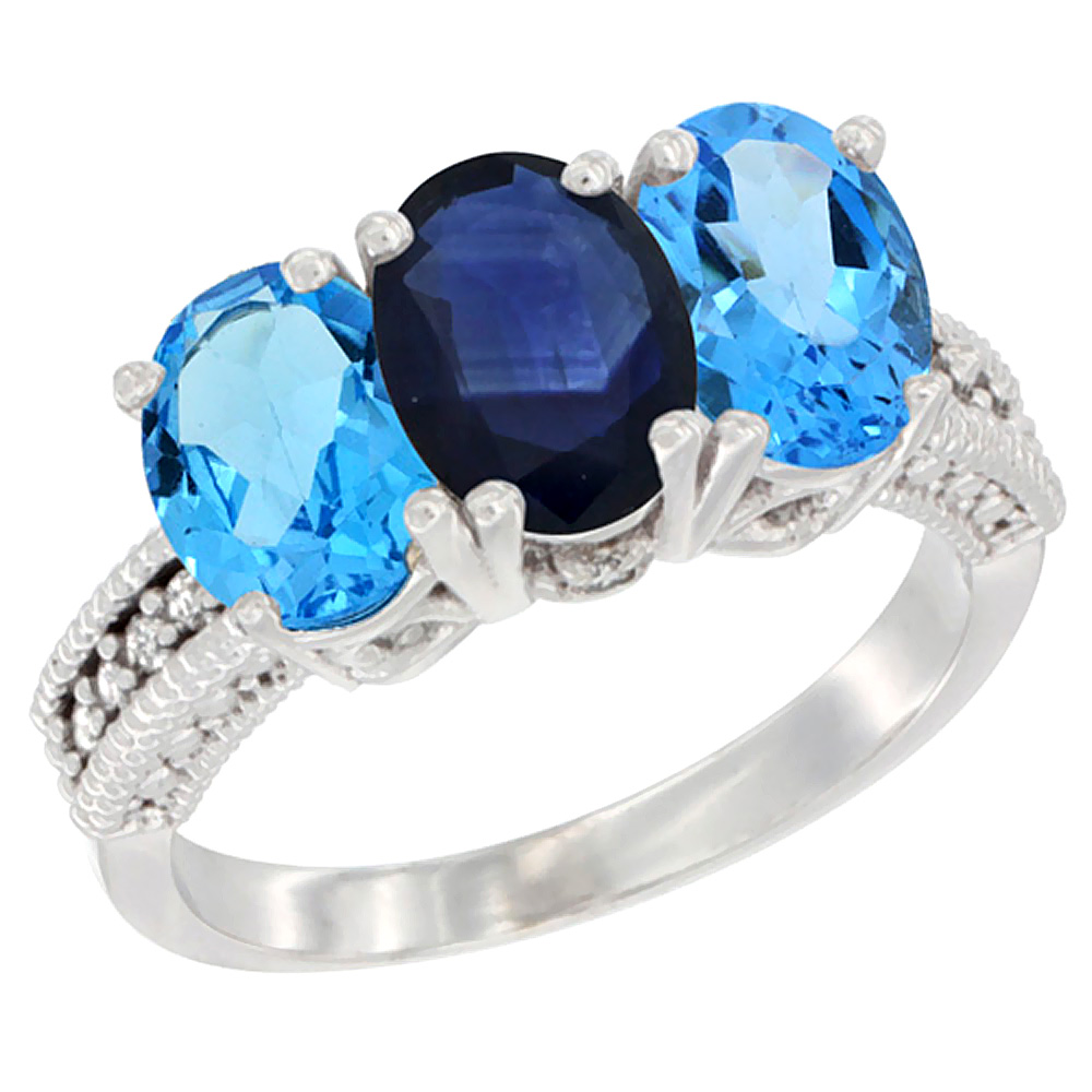 14K White Gold Natural Blue Sapphire & Swiss Blue Topaz Sides Ring 3-Stone 7x5 mm Oval Diamond Accent, sizes 5 - 10