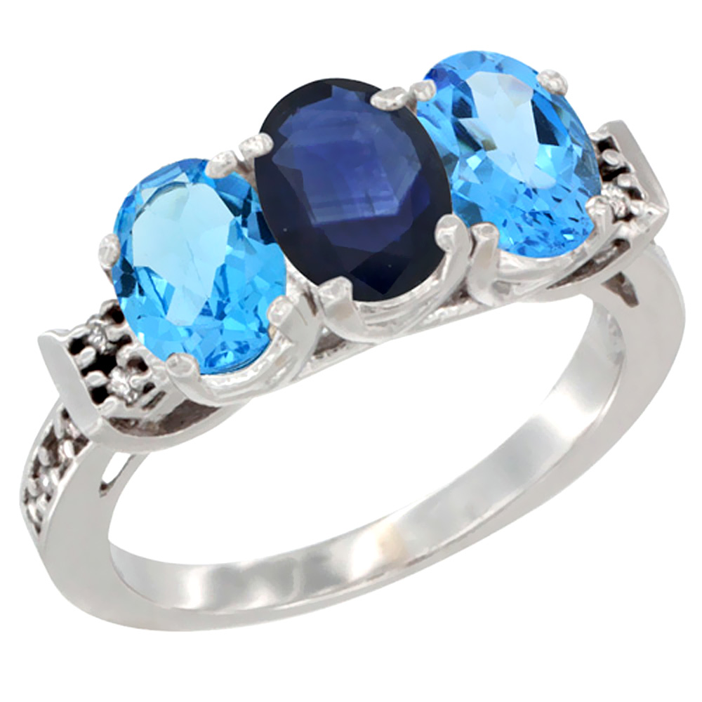 14K White Gold Natural Blue Sapphire &amp; Swiss Blue Topaz Sides Ring 3-Stone 7x5 mm Oval Diamond Accent, sizes 5 - 10