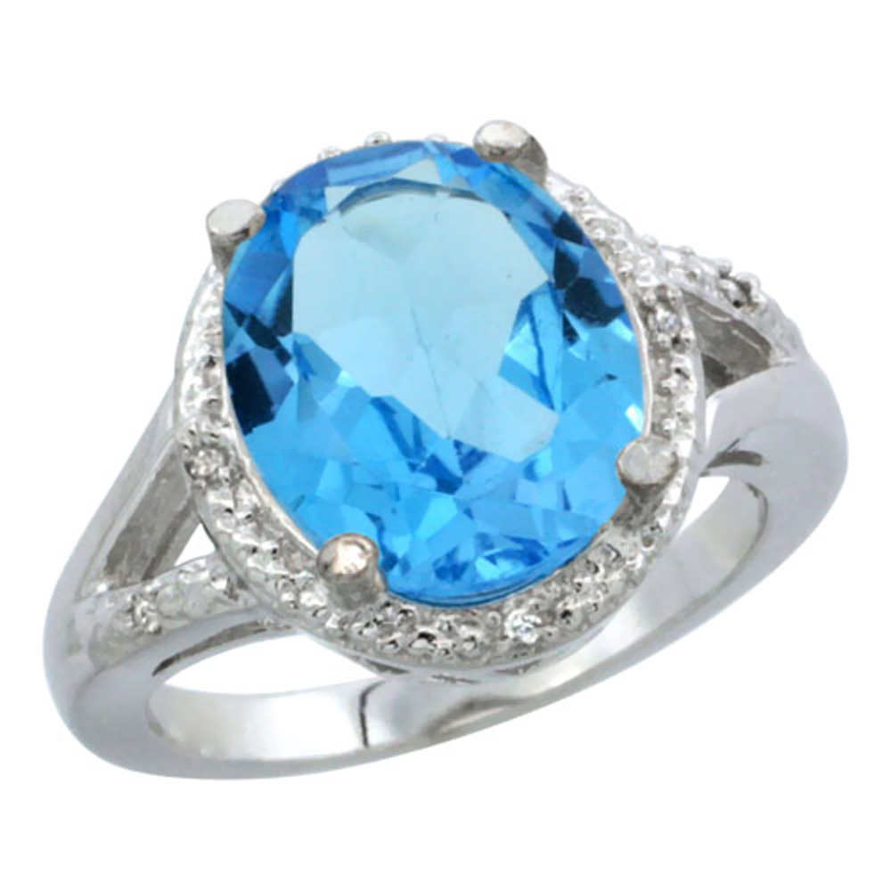 10K White Gold Genuine Blue Topaz Ring Halo Oval 12x10mm Diamond Accent sizes 5-10