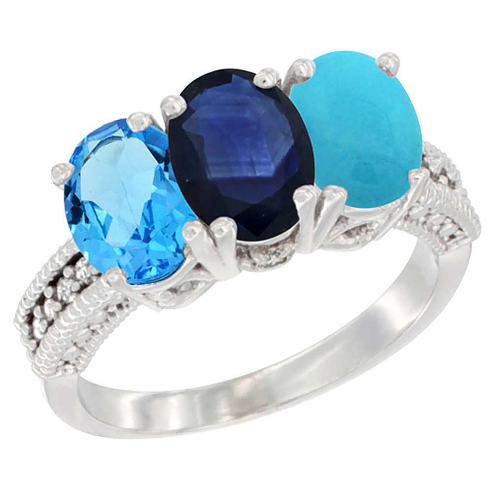 14K White Gold Natural Swiss Blue Topaz, Blue Sapphire & Turquoise Ring 3-Stone 7x5 mm Oval Diamond Accent, sizes 5 - 10