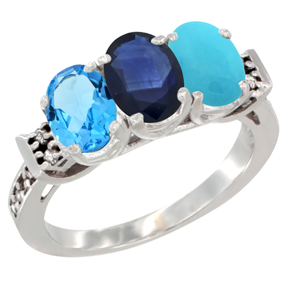 10K White Gold Natural Swiss Blue Topaz, Blue Sapphire & Turquoise Ring 3-Stone Oval 7x5 mm Diamond Accent, sizes 5 - 10