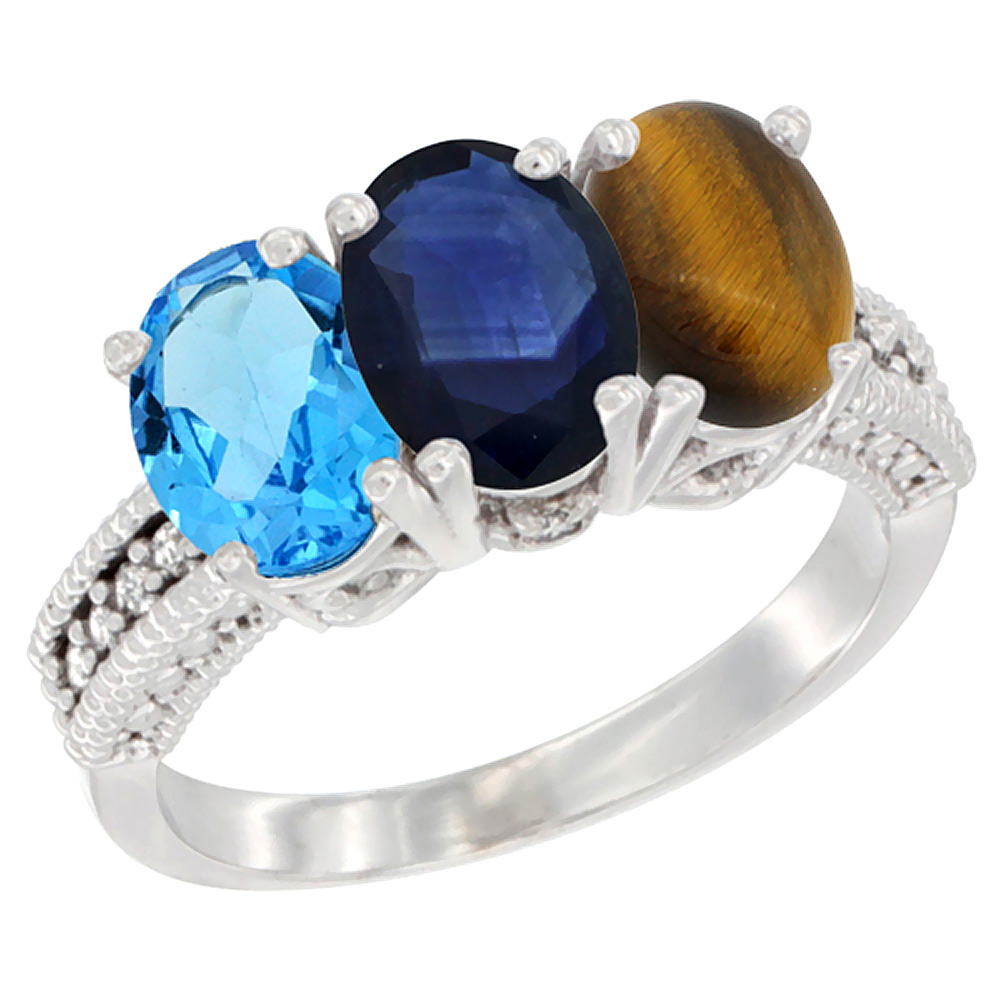 14K White Gold Natural Swiss Blue Topaz, Blue Sapphire & Tiger Eye Ring 3-Stone 7x5 mm Oval Diamond Accent, sizes 5 - 10