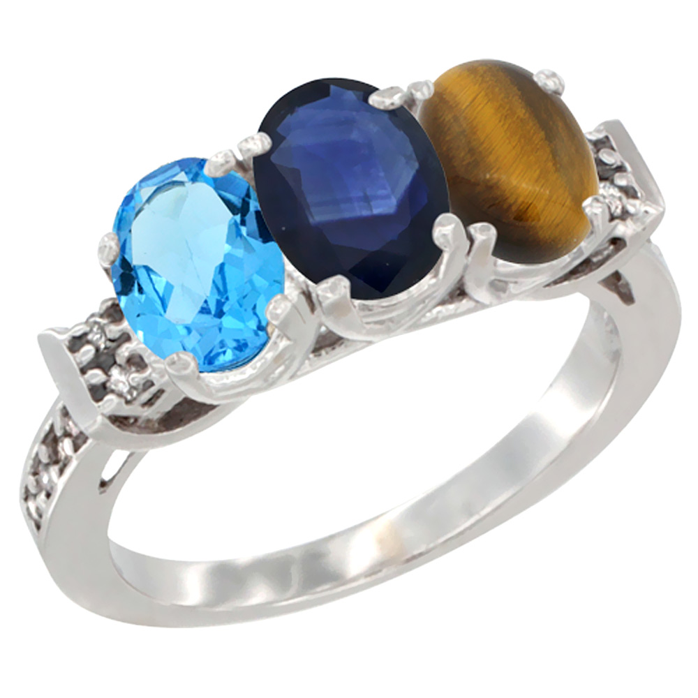 10K White Gold Natural Swiss Blue Topaz, Blue Sapphire & Tiger Eye Ring 3-Stone Oval 7x5 mm Diamond Accent, sizes 5 - 10