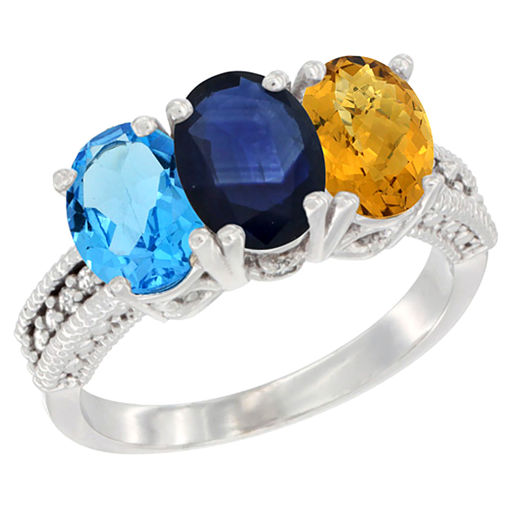 10K White Gold Natural Swiss Blue Topaz, Blue Sapphire &amp; Whisky Quartz Ring 3-Stone Oval 7x5 mm Diamond Accent, sizes 5 - 10